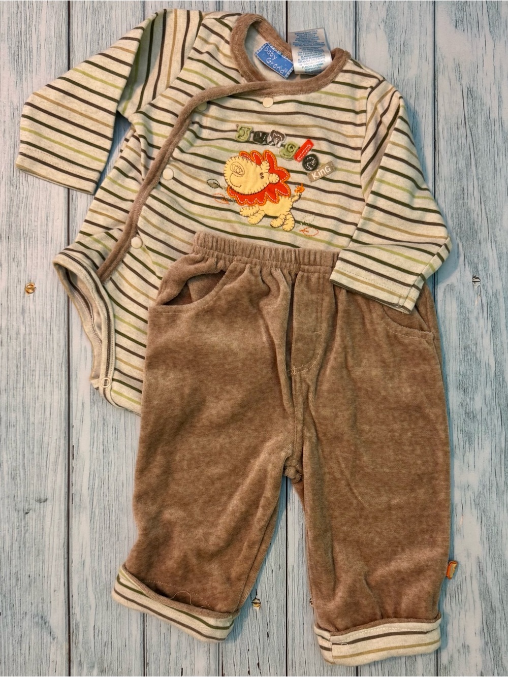 Kids Matching Set - Striped Onesie & Brown Velour Pants